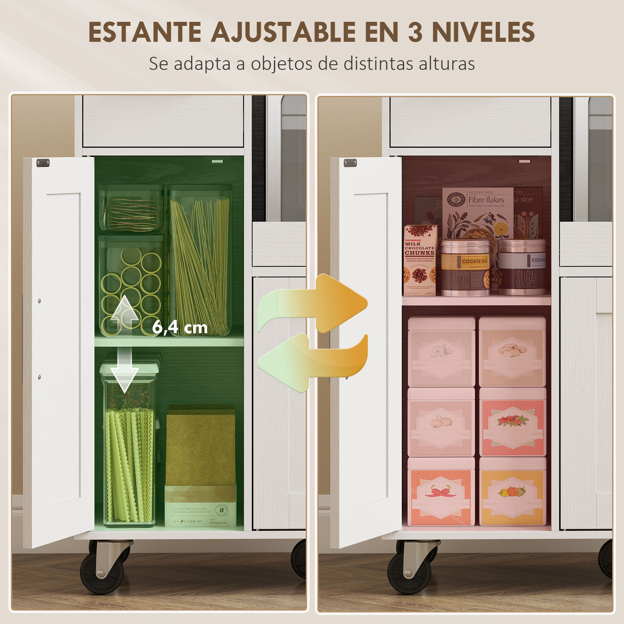Mueble Auxiliar de Cocina con Ruedas, Aparador de Cocina para Microondas con Bandeja Deslizante, Cajón, 3 Puertas, Estante Ajustable y Orificio para Cables, para Salón, 80x40x88,7 cm, Blanco