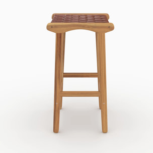 Tabouret pour îlot central 68 cm en teck et cuir tressé marron - Kuna