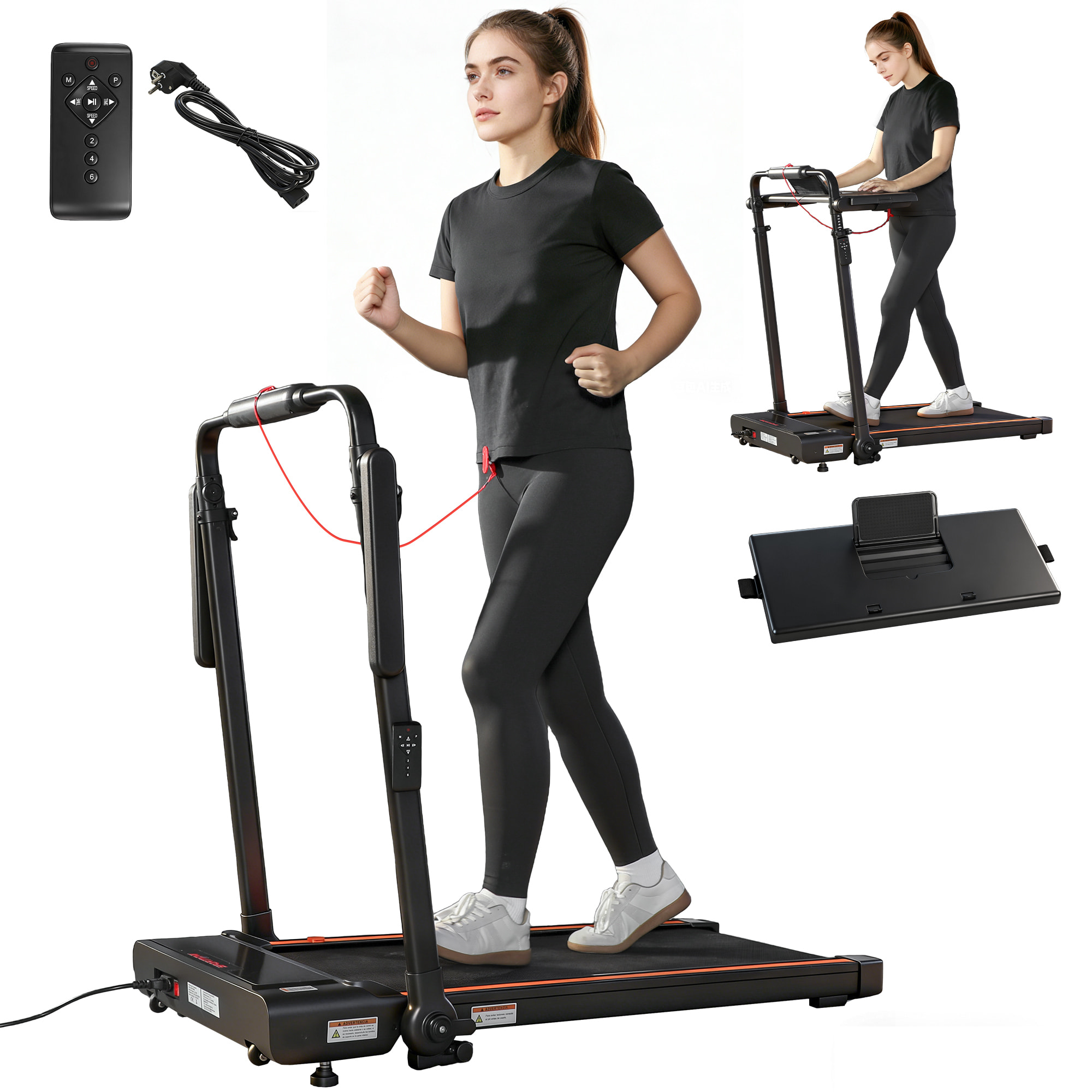 Cinta de Correr Plegable 2 en 1, Andar Caminadora Eléctrica 2.5HP con Escritorio Extraíble y Manillar Ajustable en Altura, 1-12 KM/H, Pantalla LED y Soporte para Móvil, para Hogar y Oficina