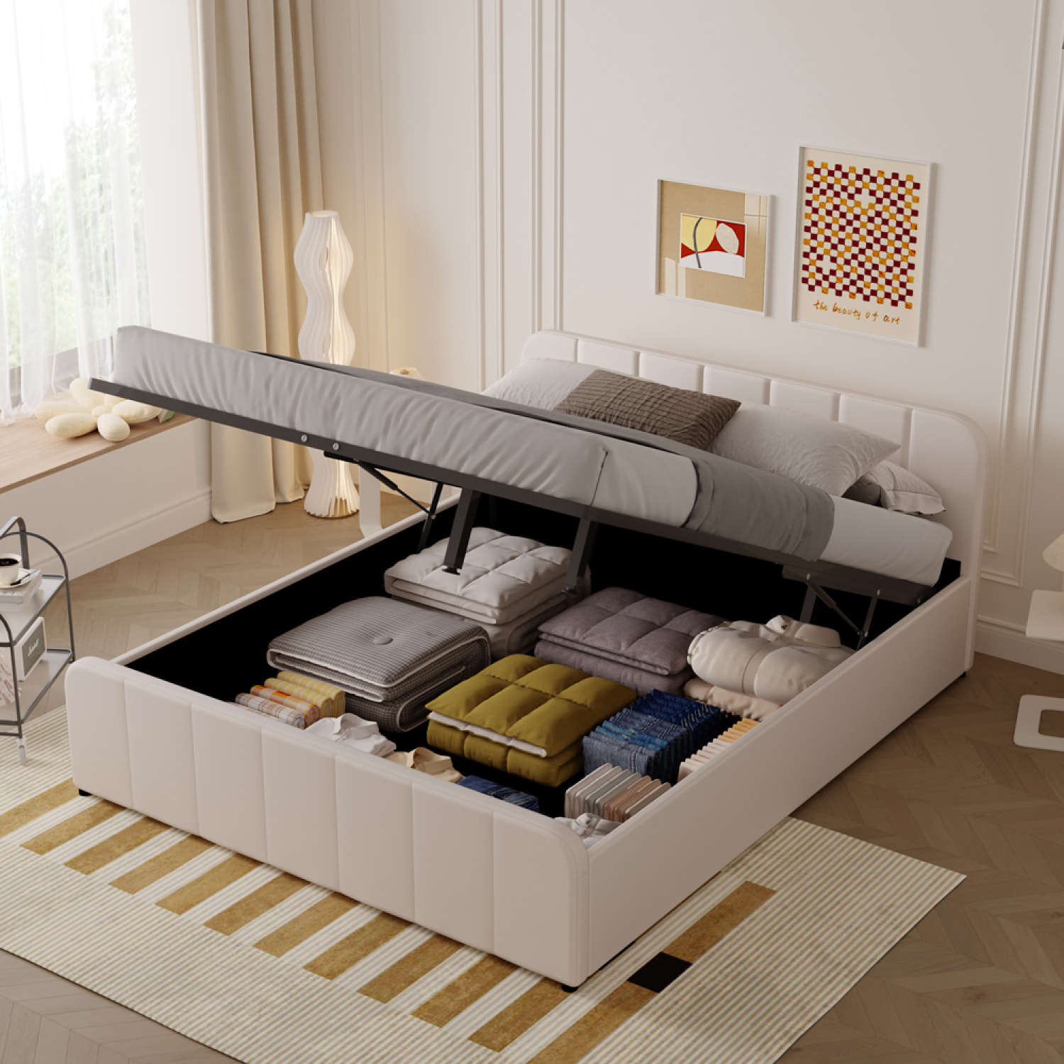 KANSAS Lit avec coffre de rangement 140x190cm en velours beige