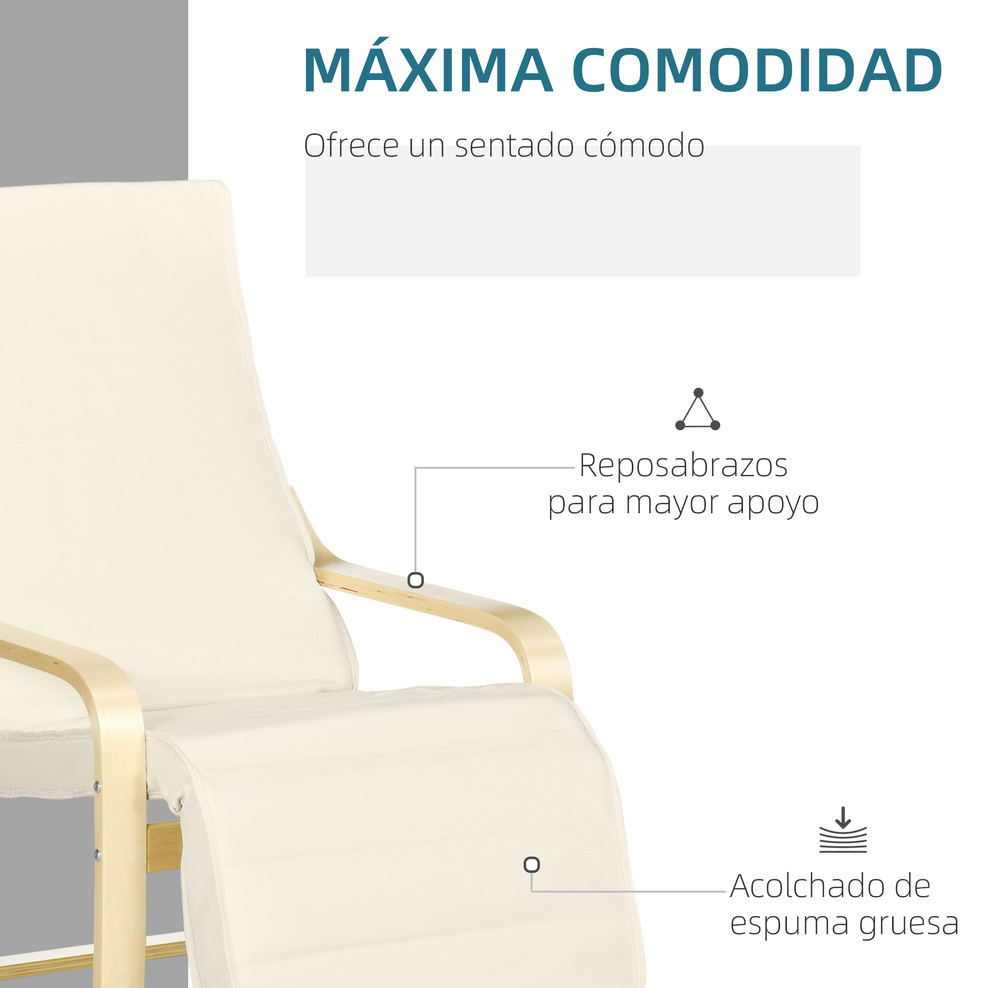 Sillón de Salón con Reposapiés Ajustable Silla Relax Butaca Tapizado en Tela con Marco de Madera Carga 120 kg para Oficina Estudio Dormitorio 66,5x94x100 cm Crema