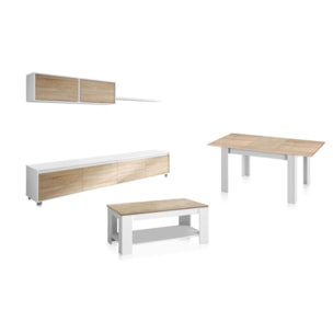 Pack salón con mesa de centro y mesa de comedor Arlet Max Blanco Artik (Blanco Mate) - Roble Canadian