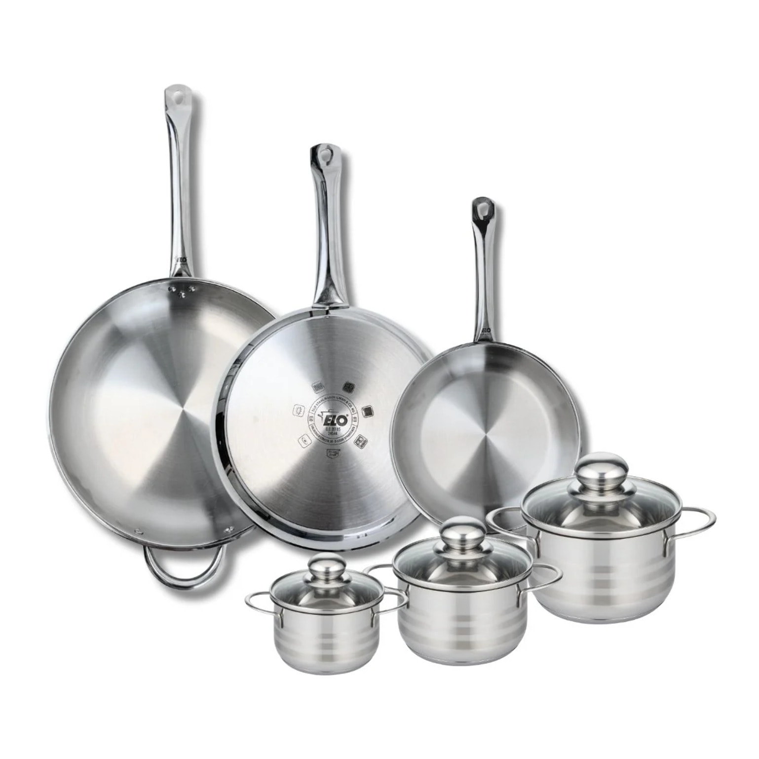 Ensemble de 3 Poêles de cuisson 24, 28 et 32 cm et 3 faitouts 12, 14 et 16 cm Elo Profi Brillant
