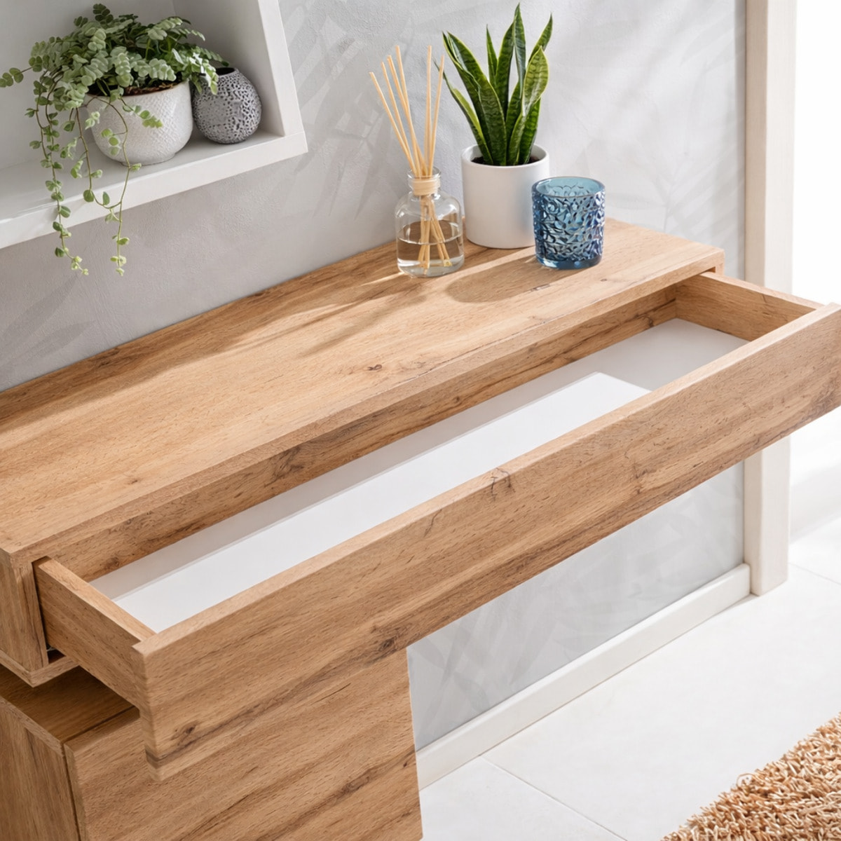 Mobile Ingresso Moderno Con Pensili A Giorno Mensole Sospese Con Cassetto E Anta Salvaspazio Design Nordico 100 x 170 x 30 Cm Bianco E Rovere