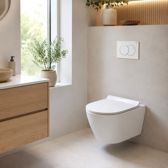 Duofix Pack WC bâti-support 112 cm + WC suspendu sans bride Ceramia avec abattant SoftClose + plaque blanche (GEBCEPXWT01-FR)