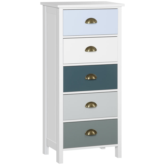 Meuble de rangement chiffonnier style néo-rétro 5 tiroirs poignées coquilles MDF blanc bleu gris