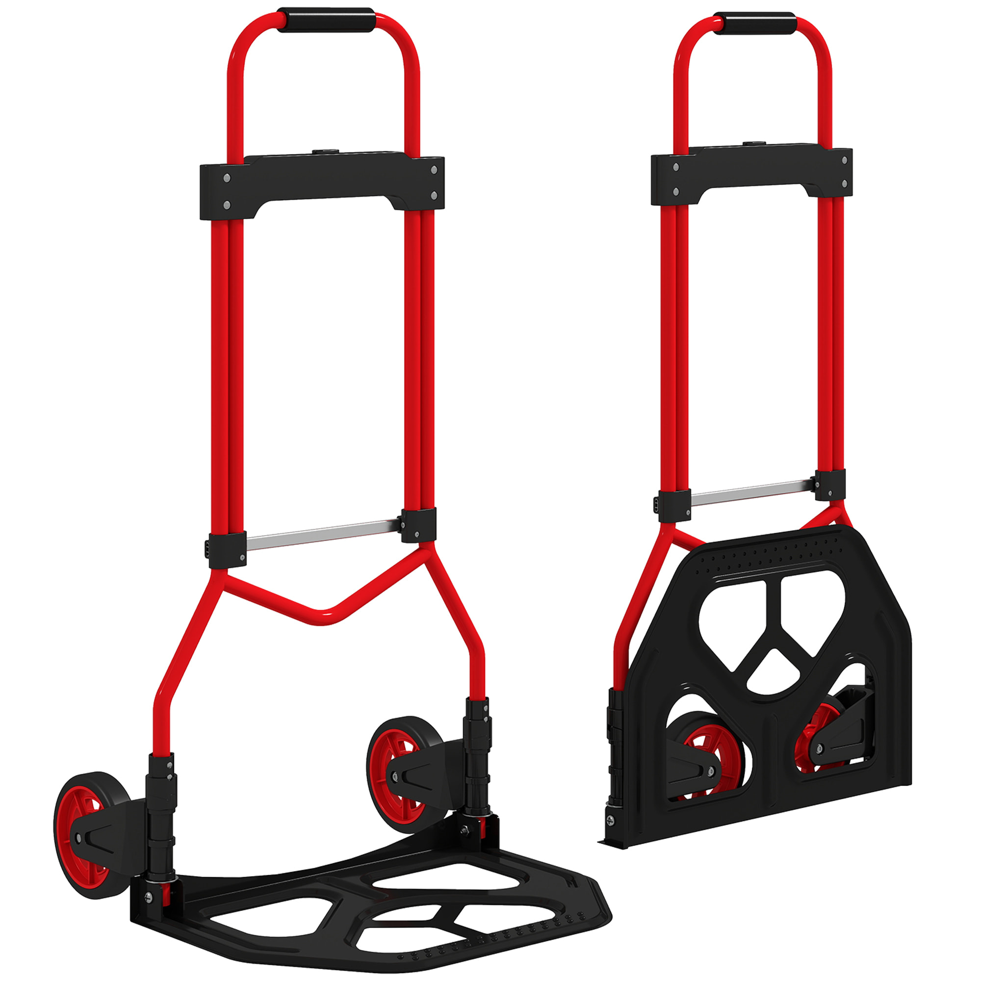 Carretilla Plegable con Mango Telescópico Ajustable, Carga 60 kg, Carretilla de Mano con Ruedas, para Garaje, Oficina, Equipaje, Viajes, Mudanzas y Compras, Rojo