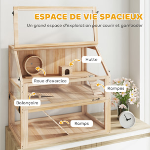 Cage rongeur hamster en bois dim.80x50x76cm 3 niveaux rampes roue bascule cabane