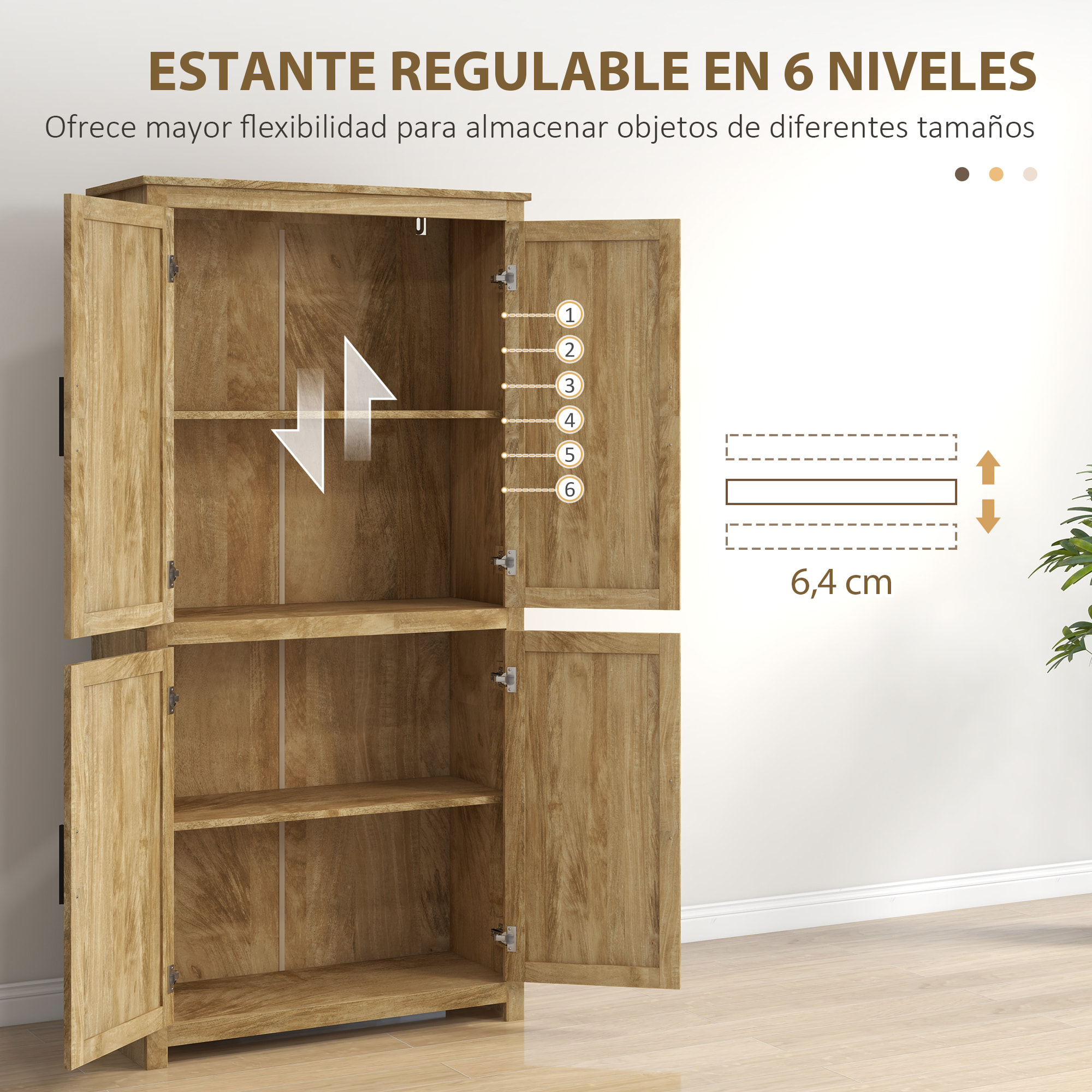 Alacena de Cocina, Mueble Auxiliar de Cocina Alta, con 4 Puertas de Ratán y Estantes Ajustables, Estilo Bohemio, Natural, 80x33x162,6 cm