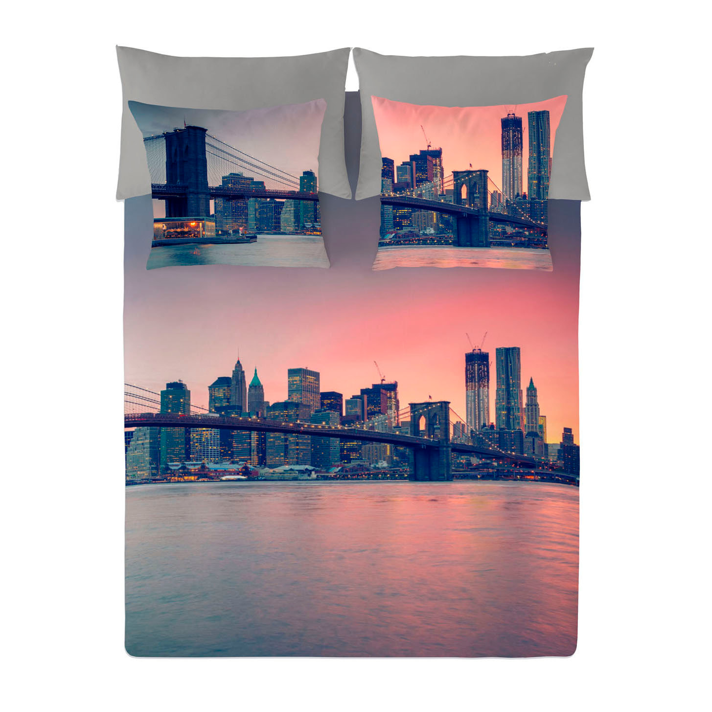 Funda Nórdica Estampada - Cierre Solapa - 100% Algodón - Incluye 1/2 Fundas de Almohada + 1 Sábana Bajera Ajustable - Brooklyn Bridge