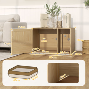 Mueble Arenero para Gatos, Caja de Arena para Gatos con Almohadilla para Rascar y Puerta de Ratán, Mesa Auxiliar para Salón, Dormitorio, 80x50x50 cm, Roble