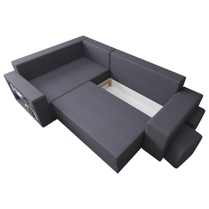 Libbie - Canapé d'angle gauche 4 places convertible avec coffre, étagère et poufs en tissu - Gris foncé