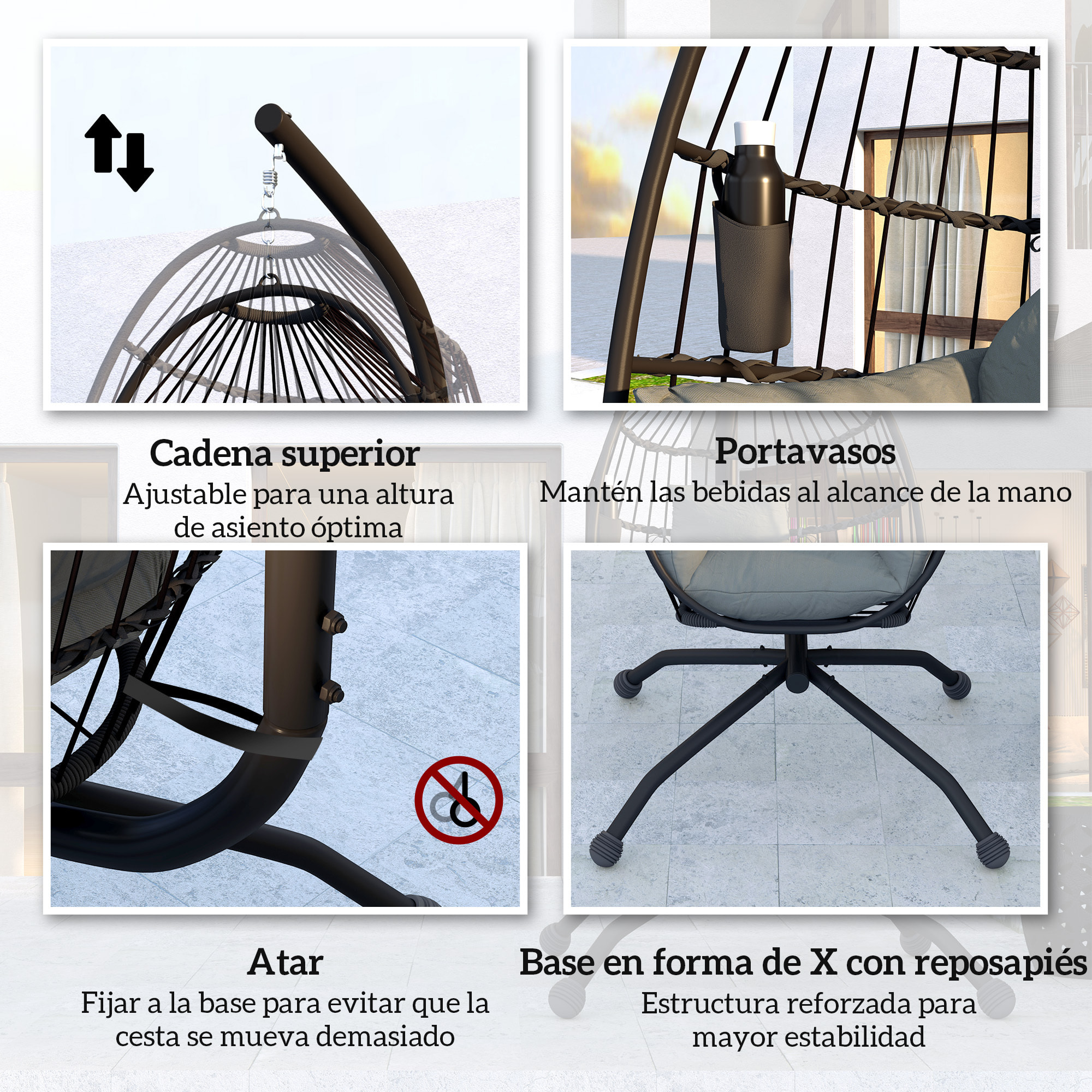 Silla Colgante Huevo con Soporte Columpio Jardín Exterior con Cesta Plegable Cojín y Reposacabezas Portavaso Columpio Colgante para Interior y Exterior Carga 120 kg Negro