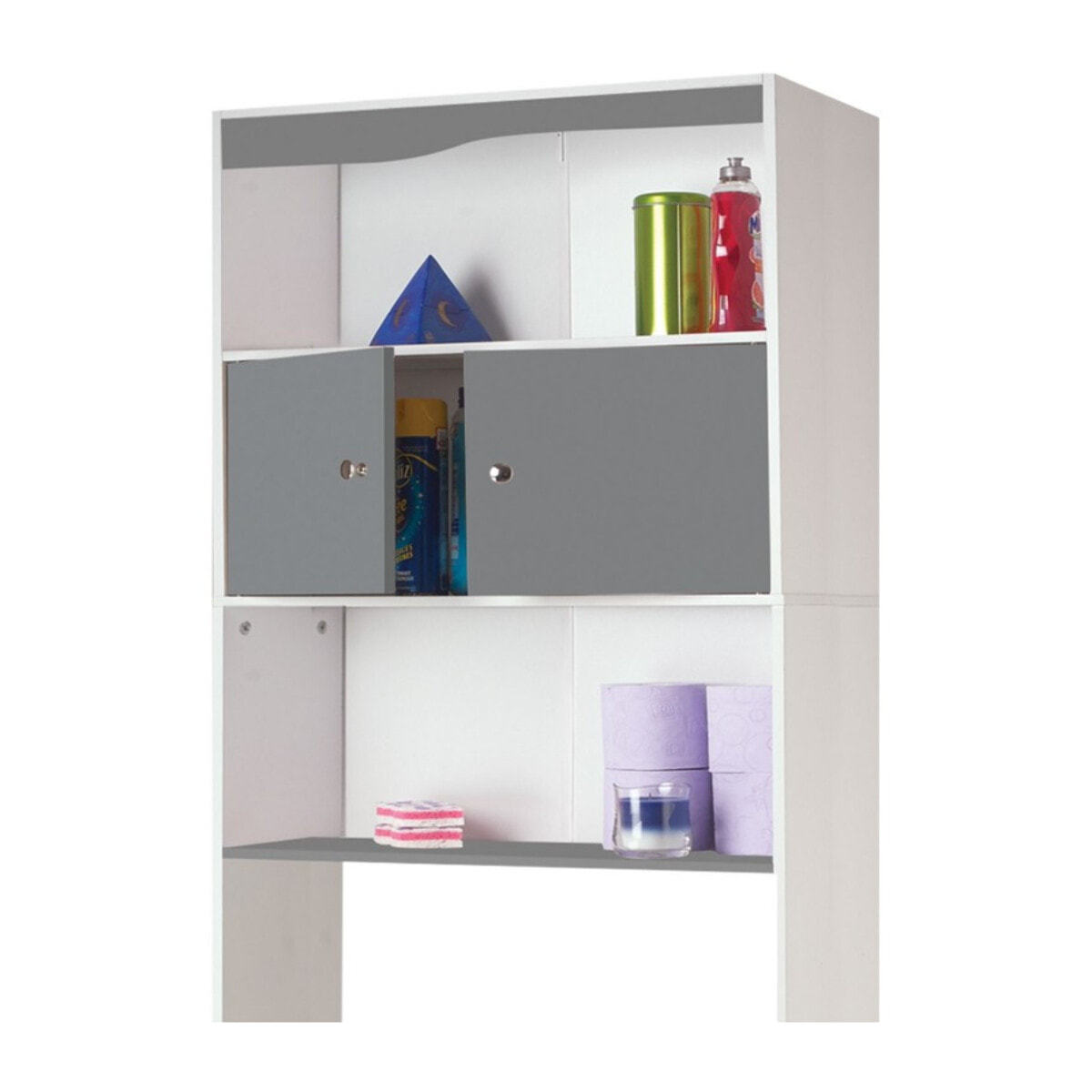 Meuble spécial dessus de WC avec placard double battant gris et étagères