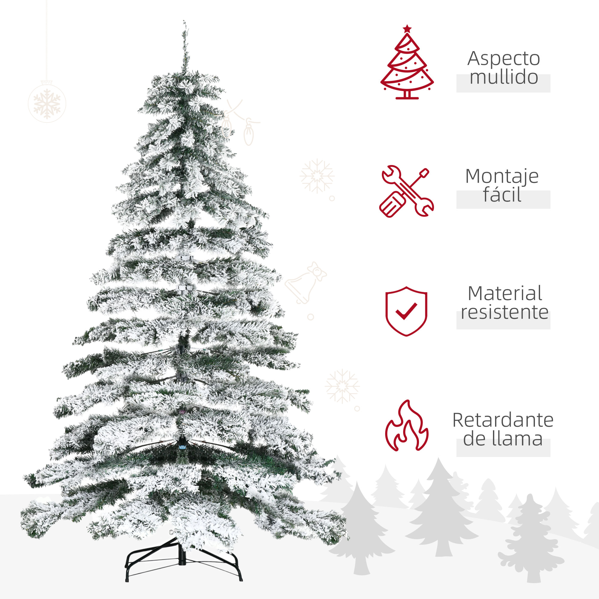 árbol de Navidad 225 cm Nevado Artificial con 1083 Puntas de PVC Base Plegable y Soporte de Metal Decoración Navideño para Interiores 140x140x225 cm Verde y Blanco