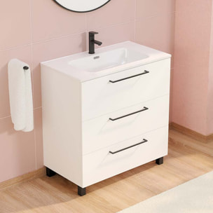Ensemble De Salle De Bain Haru | Meuble De Salle De Bain Avec Pieds | 80 Cm Blanc| 3 Tiroirs | Vasque Ceramique | N'Inclut Pas Miroir | Alday