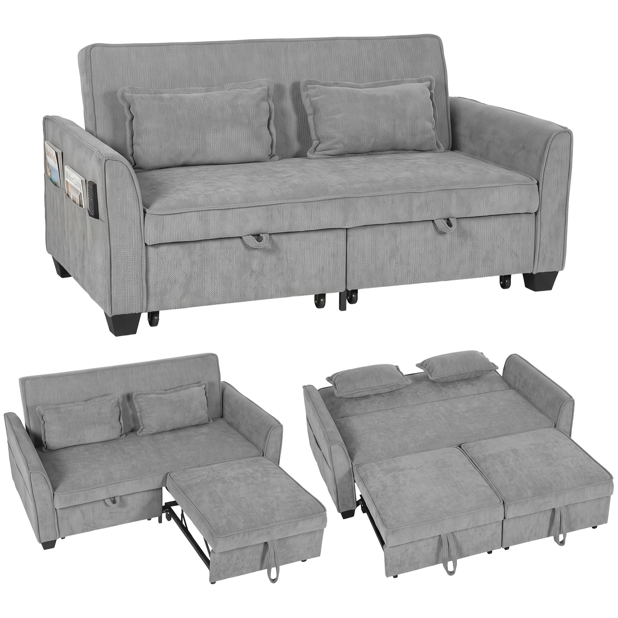Sofá Cama 2 Plazas 4 en 1, Sofá Cama de Chenilla con 2 Módulos Extraíbles Independientes, Respaldo Ajustable 3 Niveles, 2 Cojines, 6 Bolsillos Laterales, Cama 142x186 cm, para Salón, Gris