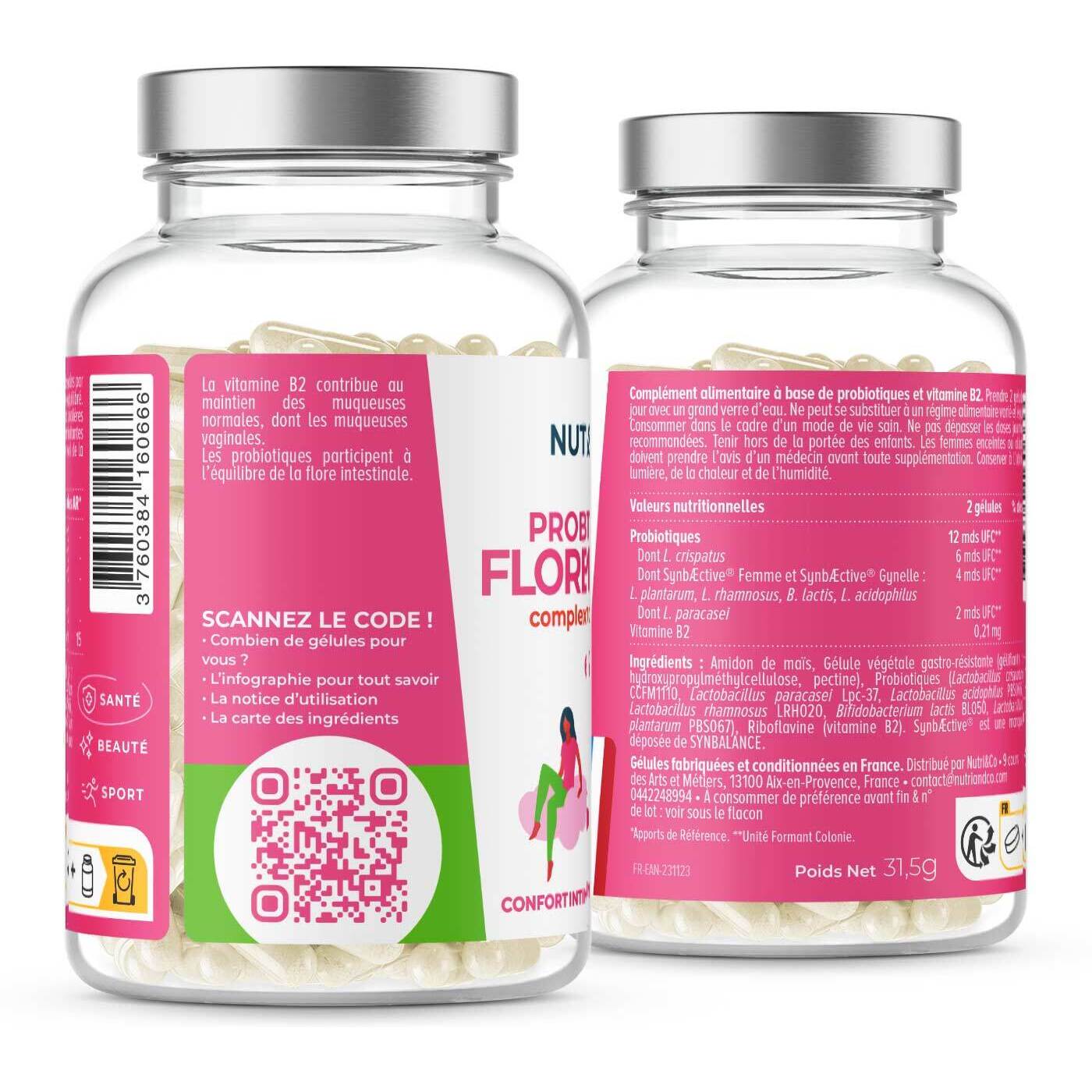 Nutri&Co Probiotiques Flore Intime Confort & Santé du Microbiote - 60 gélules