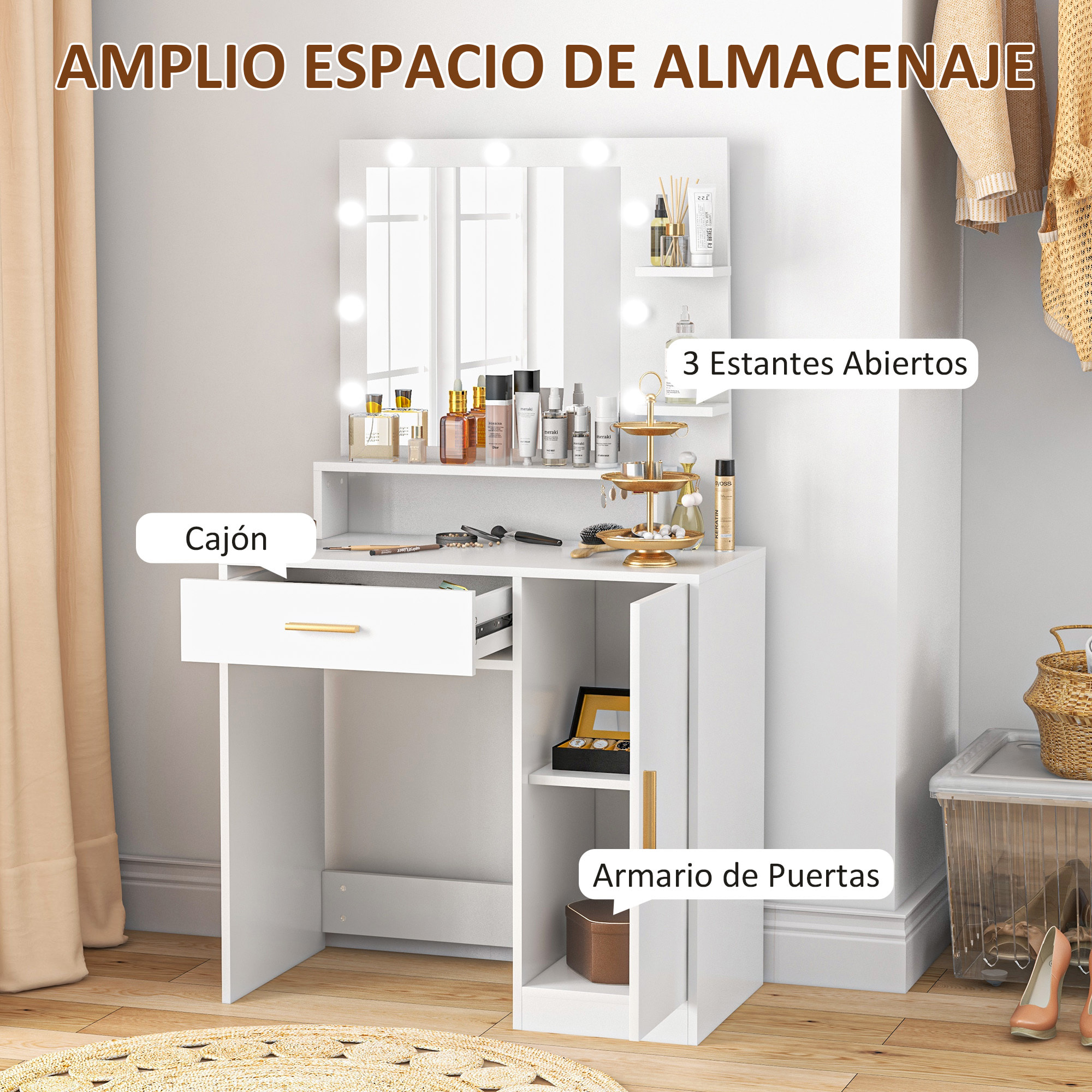 Tocador de Maquillaje con Taburete Mesa de Maquillaje con Espejo LED Cajones Estante Ajustable y Estantes Abiertos para Dormitorio Sala de Estar Blanco