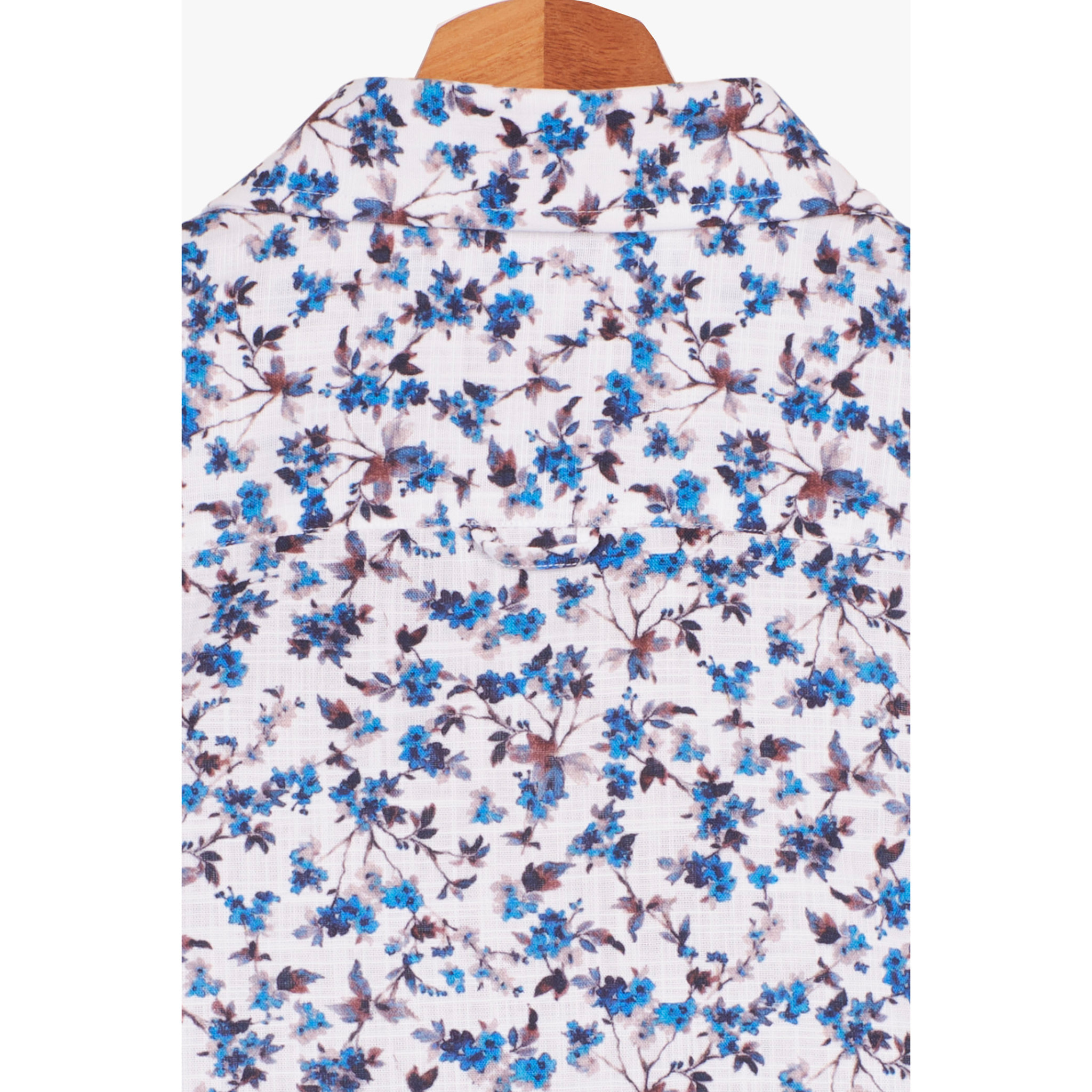 Camicia Uomo 1 Bottone Button Down Manica Corta Slim Cotone Stampato Bianco e Blu