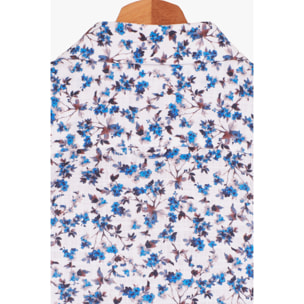 Camicia Uomo 1 Bottone Button Down Manica Corta Slim Cotone Stampato Bianco e Blu