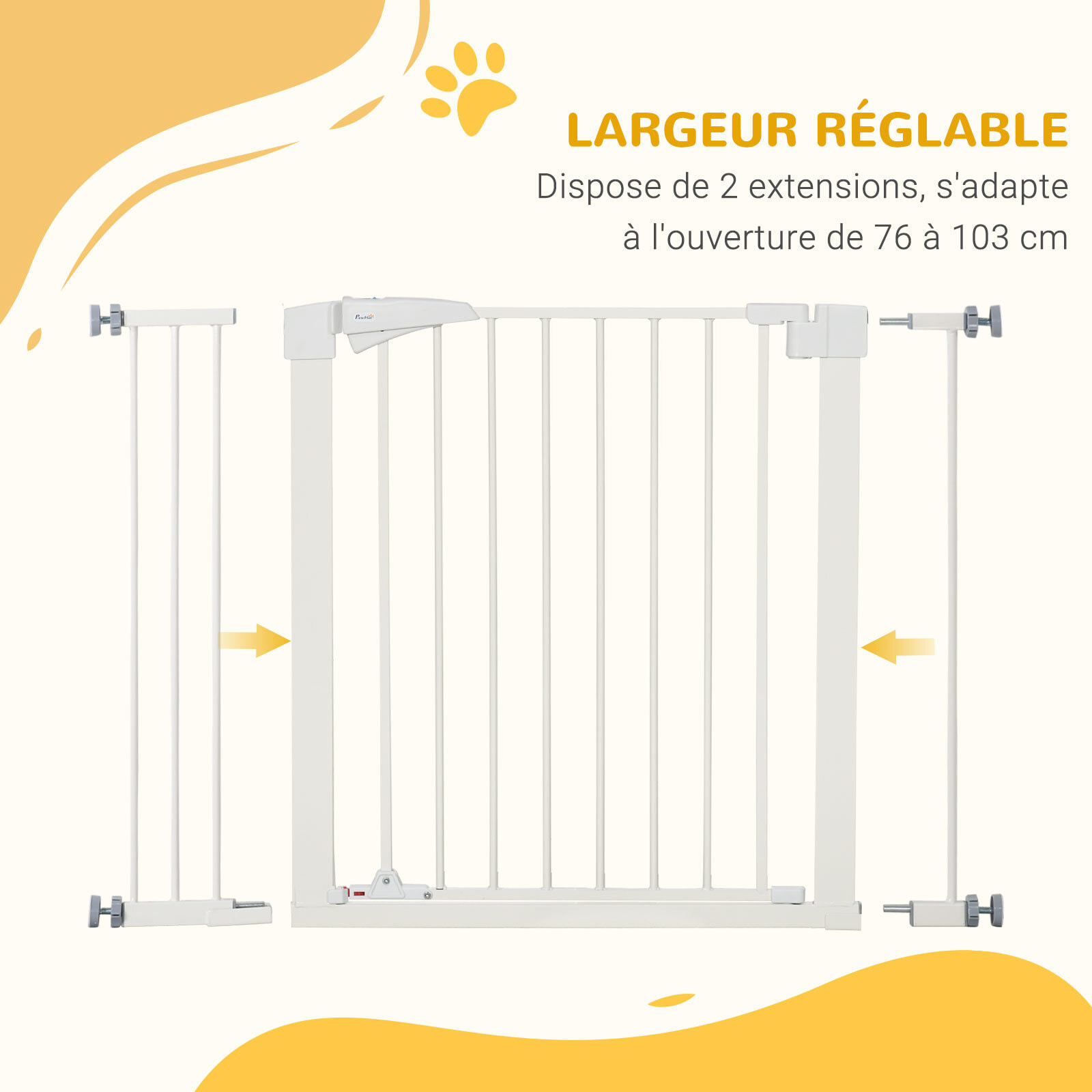 Barrière de sécurité animaux réglable 76-103L cm - porte 2 verrouillages, ouverture 2 sens - acier ABS blanc