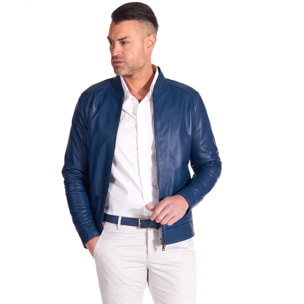 Giacca in pelle naturale colore blu denim con cerniera