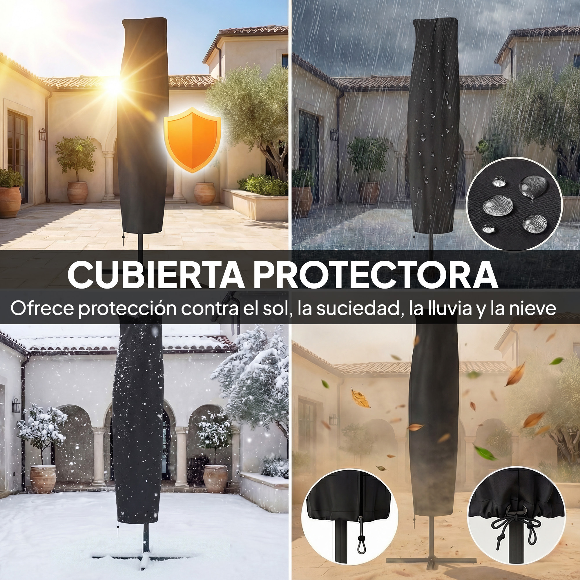 Parasol Excéntrico con Luces LED Solares, Ø345 cm, Sombrilla de Jardín de Aluminio con Base Cruzada, Manivela, Funda Protectora, Cuerdas de Viento, UPF50+, para Terraza, Patio, Azul Marino