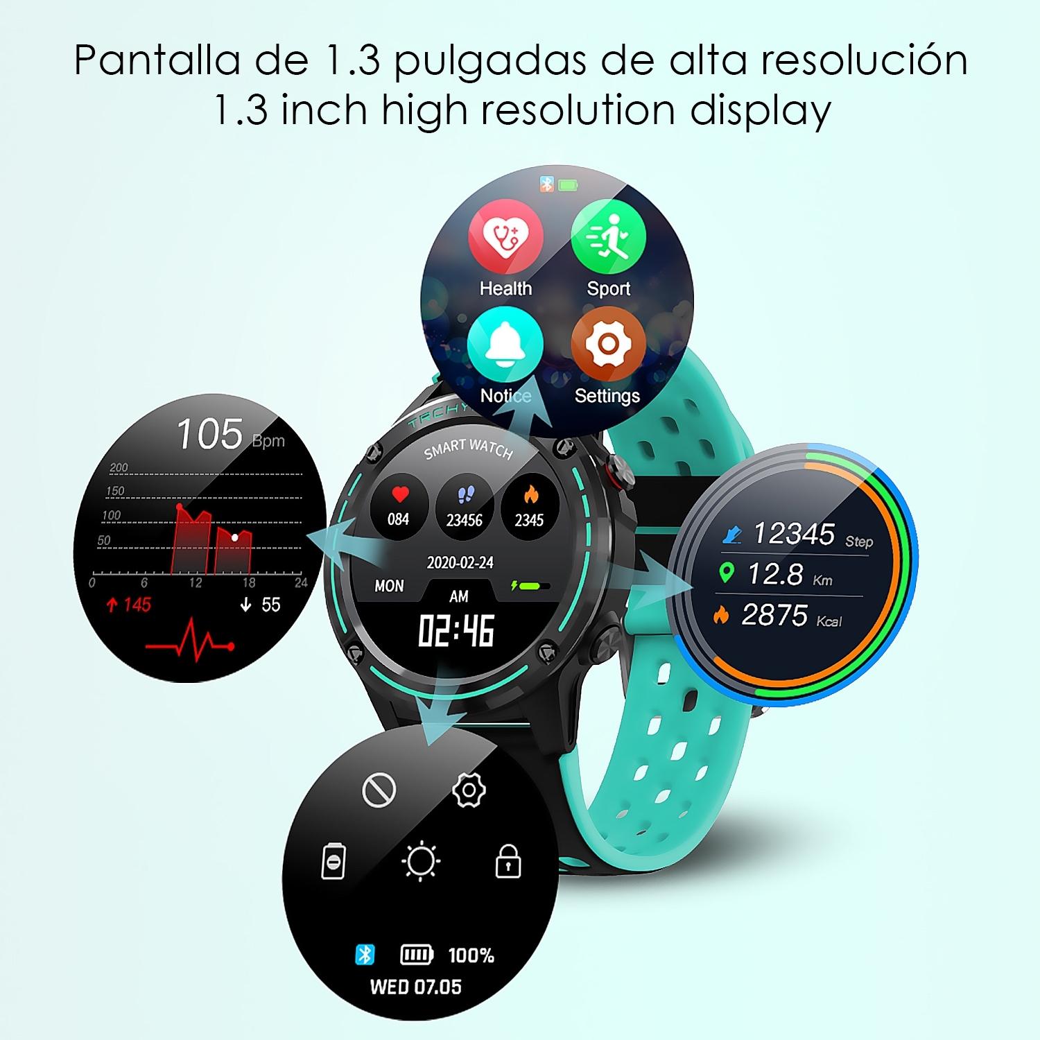 DAM Smartwatch M6S. Funzioni sportive con tracciamento GPS. Bussola, barometro e altimetro. SIM, cardiofrequenzimetro, notifiche app. 4,8x1,4x5,4 cm. Colore nero