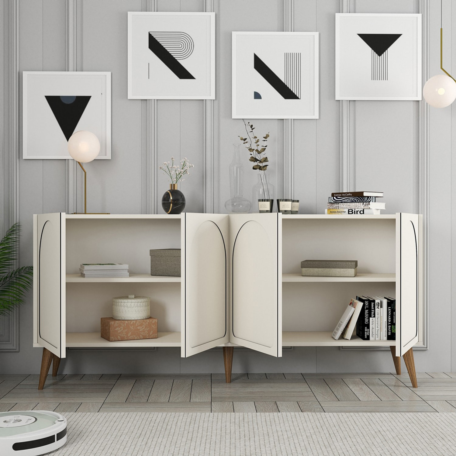 EFFY Buffet 4 portes design arrondi crème 180x81cm