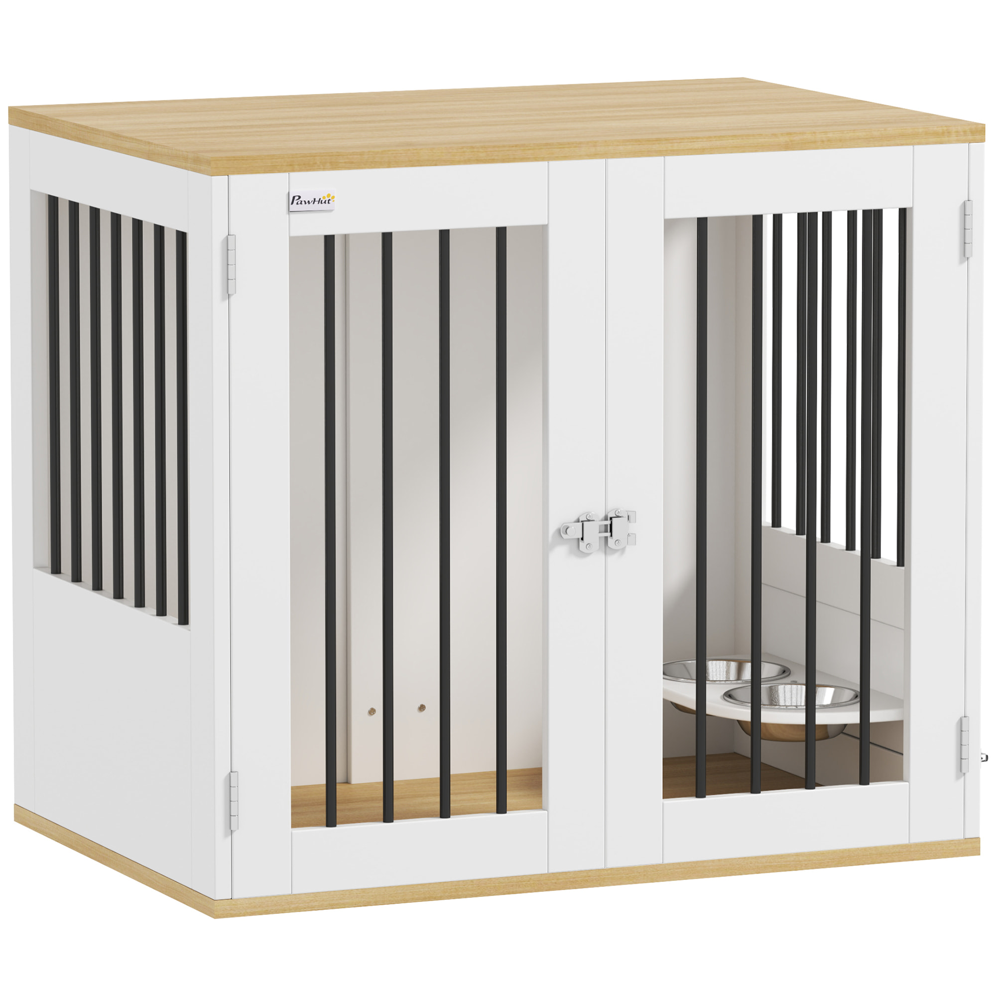 Cage pour chien en bois - 2 portes verrouillables, 2 gamelles rotatives  - 80 x 55 x 71 cm - blanc effet bois clair