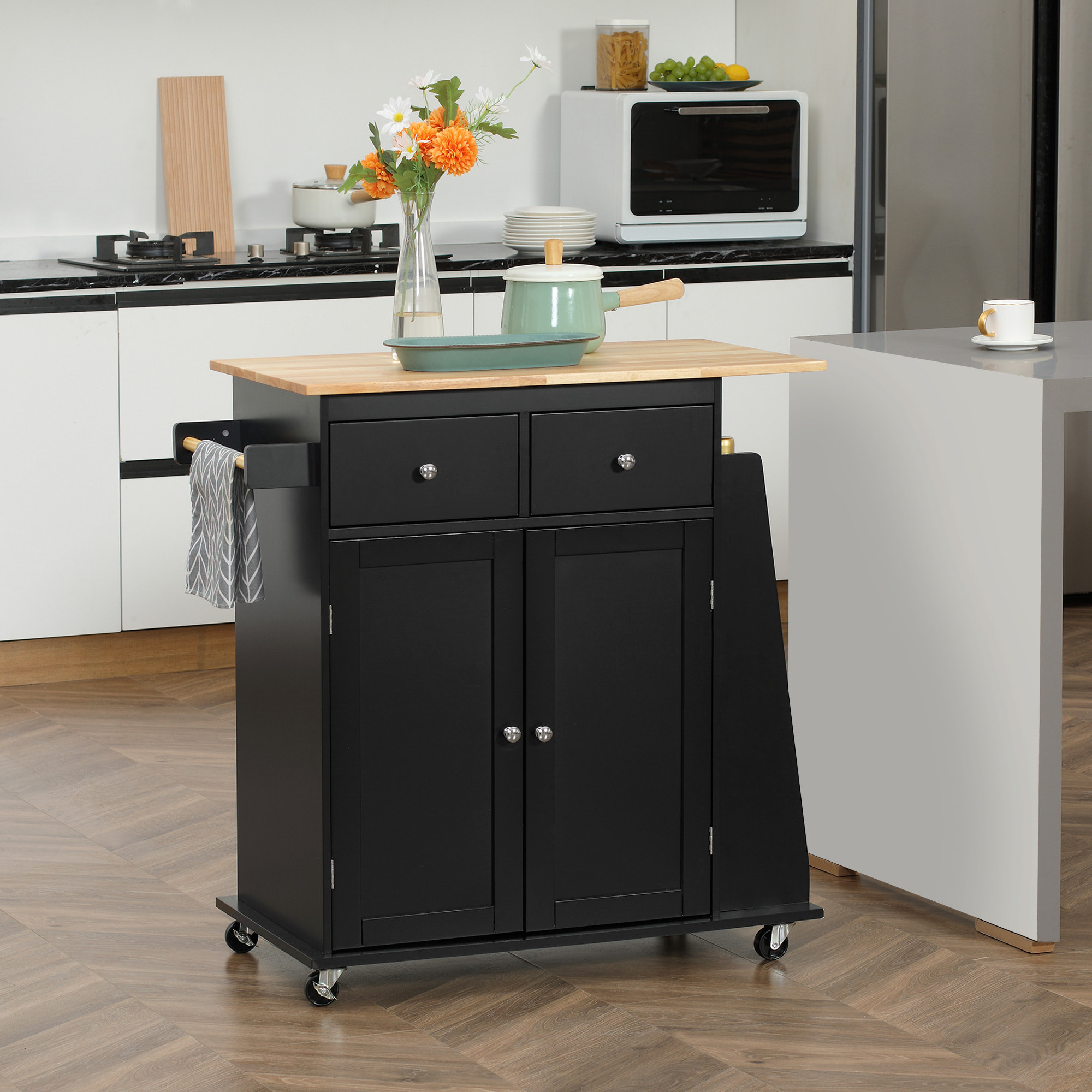 Desserte de cuisine multi rangements 2 tiroirs placard 2 portes avec étagère 3 range-bouteilles porte-torchons MDF noir hévéa