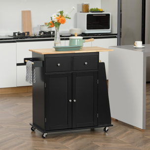 Desserte de cuisine multi rangements 2 tiroirs placard 2 portes avec étagère 3 range-bouteilles porte-torchons MDF noir hévéa