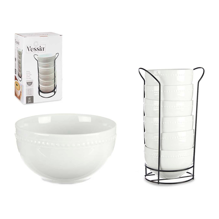 SET 6 BOL PORCELANA BLANCA 800ML C SOPORTE NEGRO