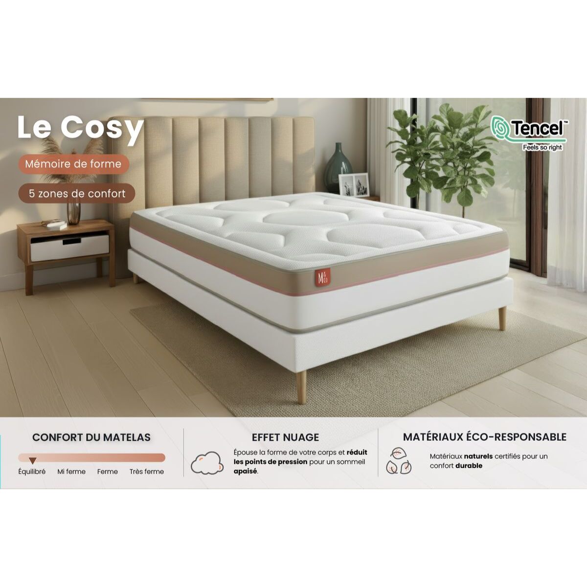 Ensemble Matelas Le Cosy - 30cm - Mémoire de forme - Confort durable - Sommier Tapissier Blanc