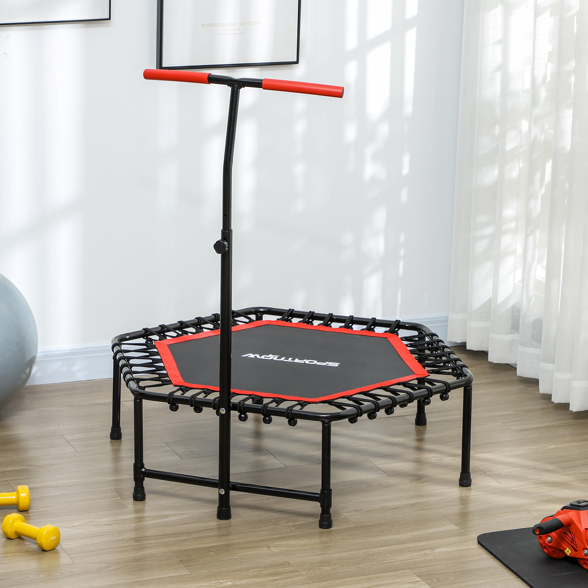 Trampolín de Fitness 114x114x132 cm Cama Elástica Fitness con Mango Ajustable de 3 Niveles Marco de Acero para Entrenamiento Piernas Cuerpo en Hogar Oficina Gimnasio Rojo