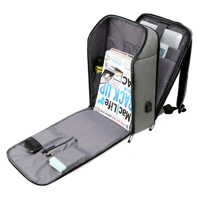 Zaino multiscomparto, porta laptop 15,6". Strato impermeabile. Adattabile a Trolley. Presa USB esterna.