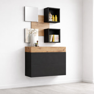 Mobile Ingresso Moderno Con 2 Specchi Vani A Giorno E Base Con Ante E Cassetto Design Elegante Salvaspazio 100 x 170 x 30 Cm Nero E Rovere