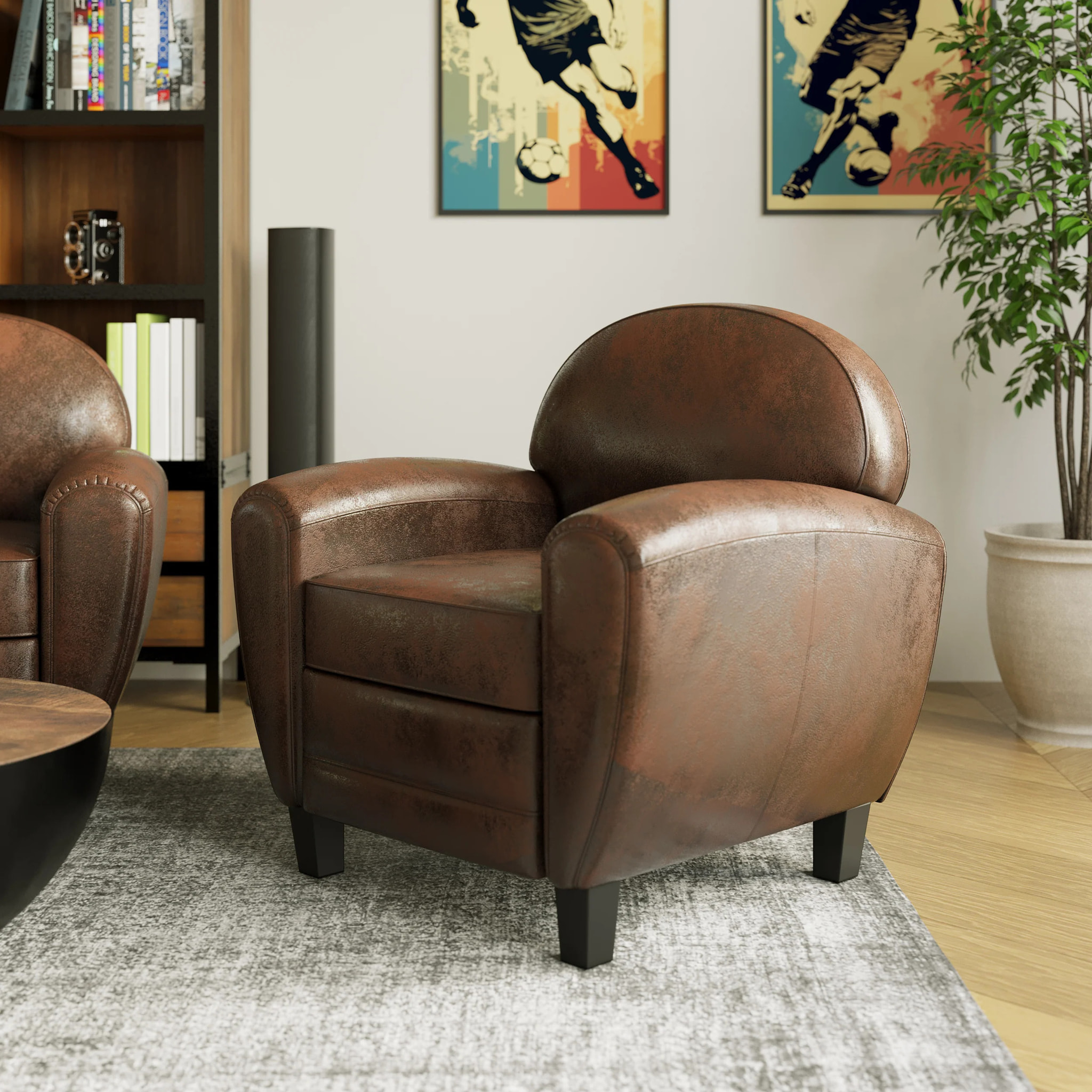 Fauteuil marron vieilli en microfibre - Club