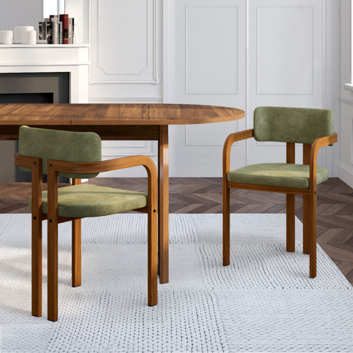 Chaises Elsa avec accoudoirs tissu chenille vert pieds effet noyer - lot de 4