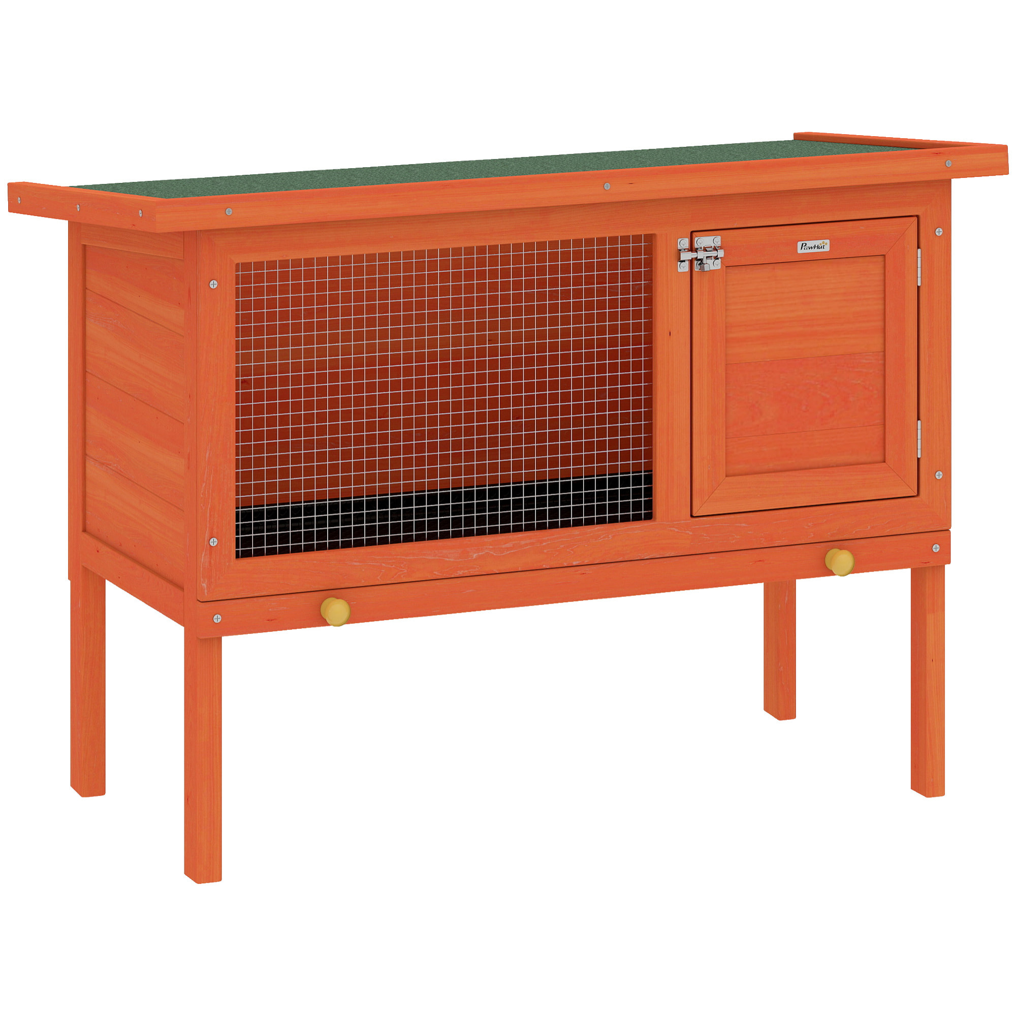 Conejera de Madera, Jaula para Conejos Medianos con Techo Asfáltico Abatible, Bandeja Extraíble, Puerta con Pestillo, Conejera Elevada Exterior, para Cobayas y Chinchillas, 90x45x65 cm, Naranja