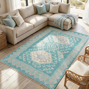 Tapis kilim, motif géométrique authentique, tissé à plat, MUKAZ
