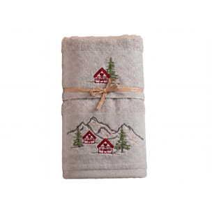 Set Asciugamano Ospite in Spugna 100% Cotone Fantasia Tirolese Natalizia Disegno Malga Grigio Chiaro