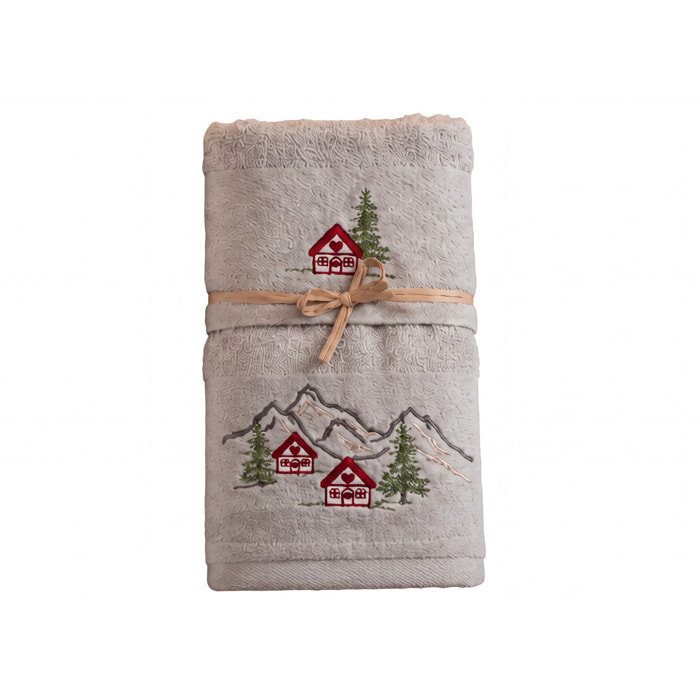 Set Asciugamano Ospite in Spugna 100% Cotone Fantasia Tirolese Natalizia Disegno Malga Grigio Chiaro