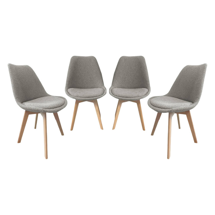 Lot de 4 chaises scandinaves revêtement bouclette texturée gris clair. pieds bois de hêtre - Nils