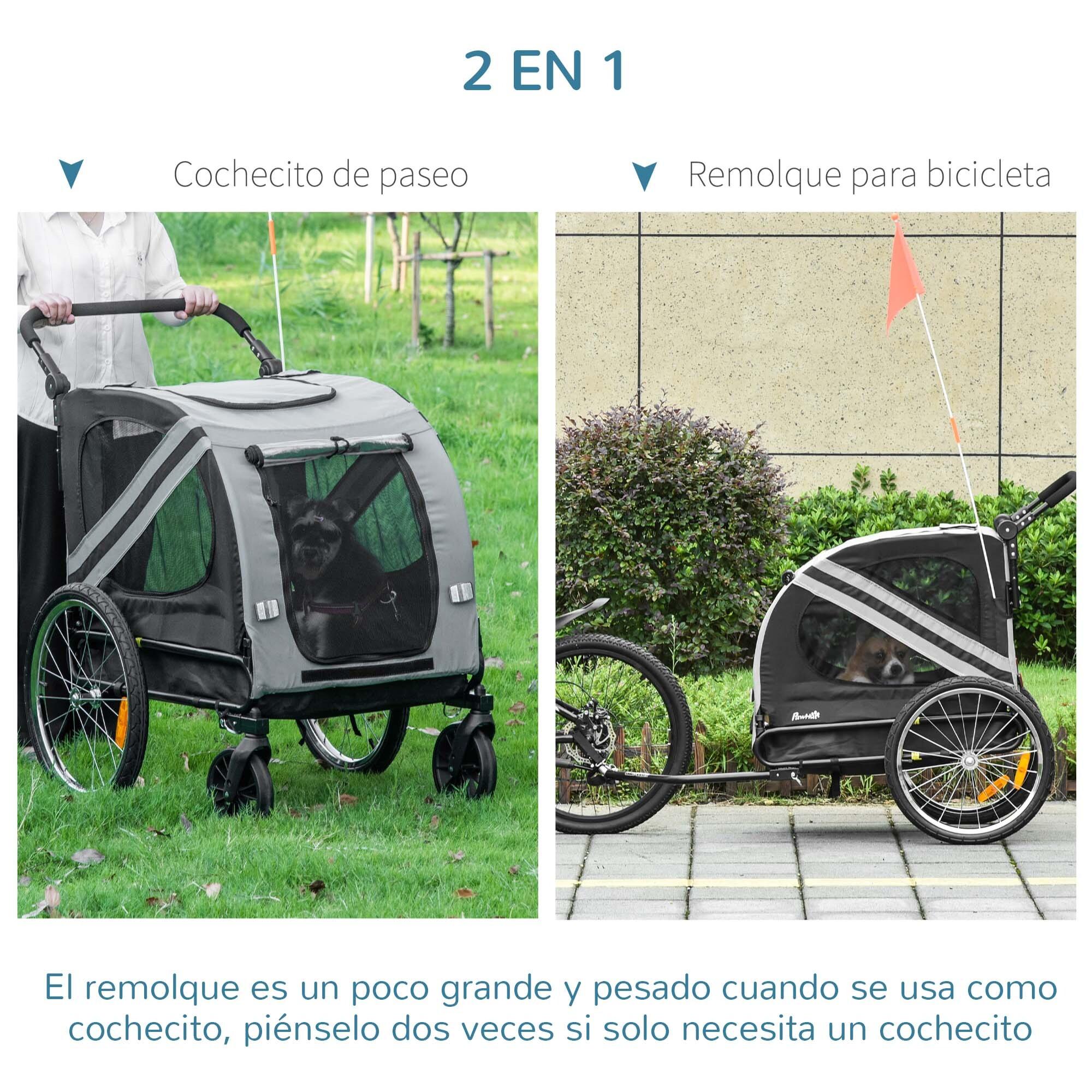 Remolque de Bicicleta Perros 2 en 1 Carrito Transporte para Mascotas con Puertas Enrollables Ventanas Cinturón de Seguridad Bandera y 6 Reflectores 140x72,5x108 cm Gris