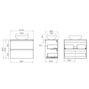 CONJUNTO DE BAÑO NIA | MUEBLE SUSPENDIDO | 80 CM NEGRO | DOS CAJONES | LAVABO SOBREPUESTO | NO INCLUYE ESPEJO | MUEBLE MONTADO| ALDAY