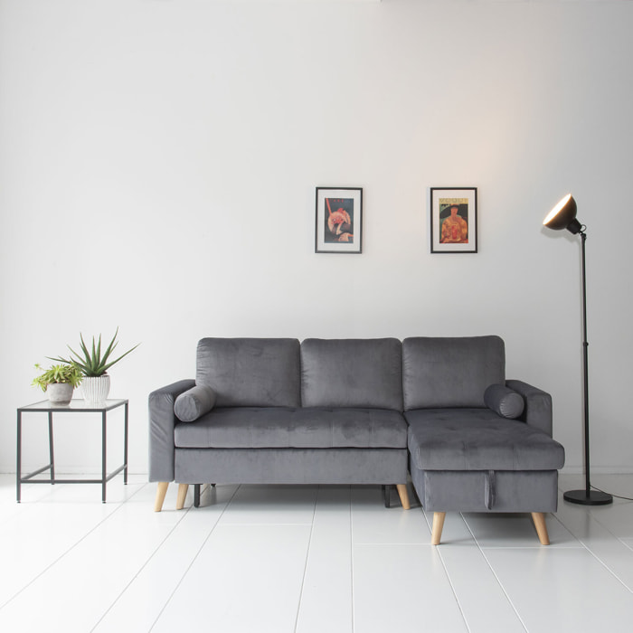 Canapé d'angle convertible JAMES 3 places en velours gris