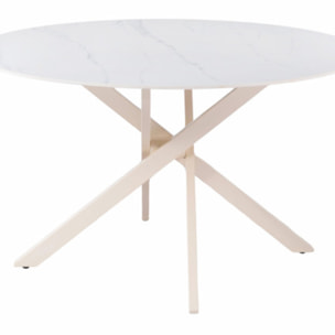 Table ronde D.130cm céramique blanc marbré pieds croisés métal – ROSALIE