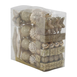 Box 80 pezzi decorazioni natalizie multi-forma, Ornamenti, Set assortimento palline di Natale, Scatola set albero di Natale, colore Oro, Da 3 a 7 cm